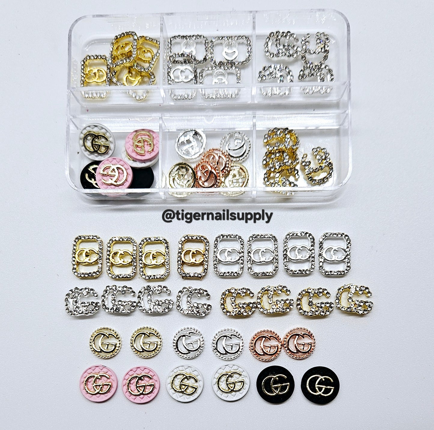 Luxury Logo (g.g) Nail Charms Alloy and Zircon High Quality
