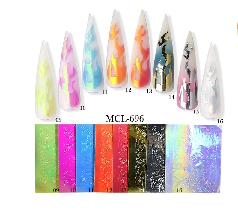 16pcs Set Holographic Laser Foil Flame Fire Design Nail Art Sticker Decal