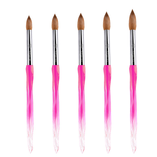 Ruby 100% Premium Pure Kolinsky Acrylic Brushes Pink and Clear Crystal Handle UNCRIMPED