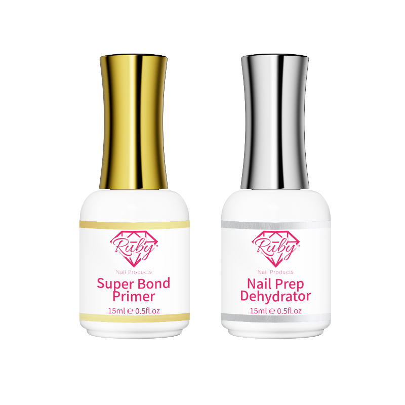 Two bottles of nail care products, one labeled as 'Super Bond Primer' with a gold cap, and the other as 'Nail Prep Dehydrator' with a silver cap, both with clear liquid visible inside.