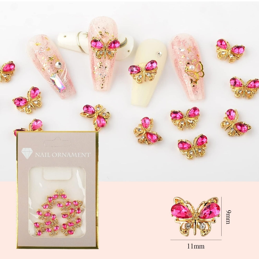 12pcs Pink Butterfly Alloy Nail Charm 3D Crystal Diamond