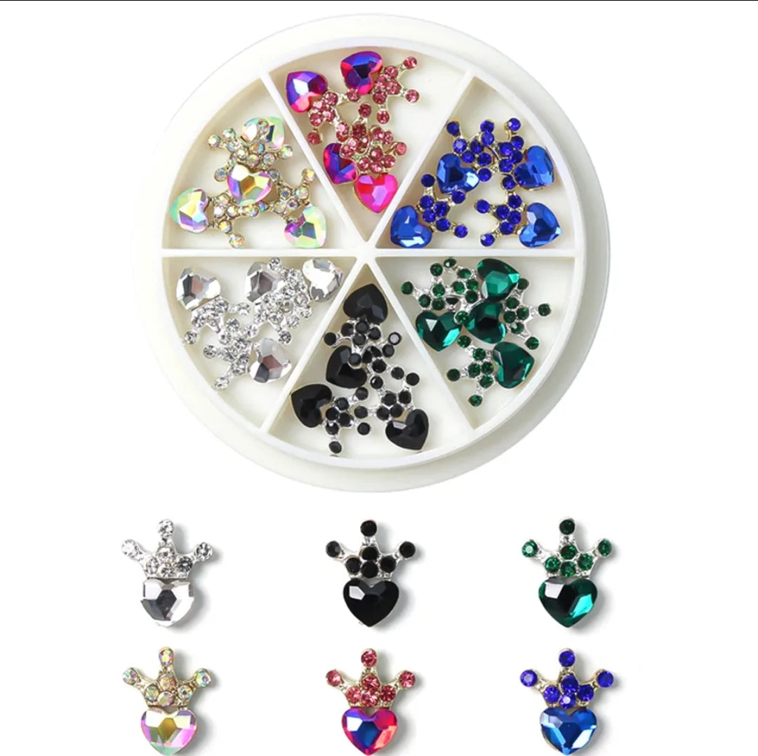 24pcs Crowns Hearts Bows Dollar Sign Alloy Nail Charms 3D Nail Art Rhinestone Crystal 6 Grid Wheel