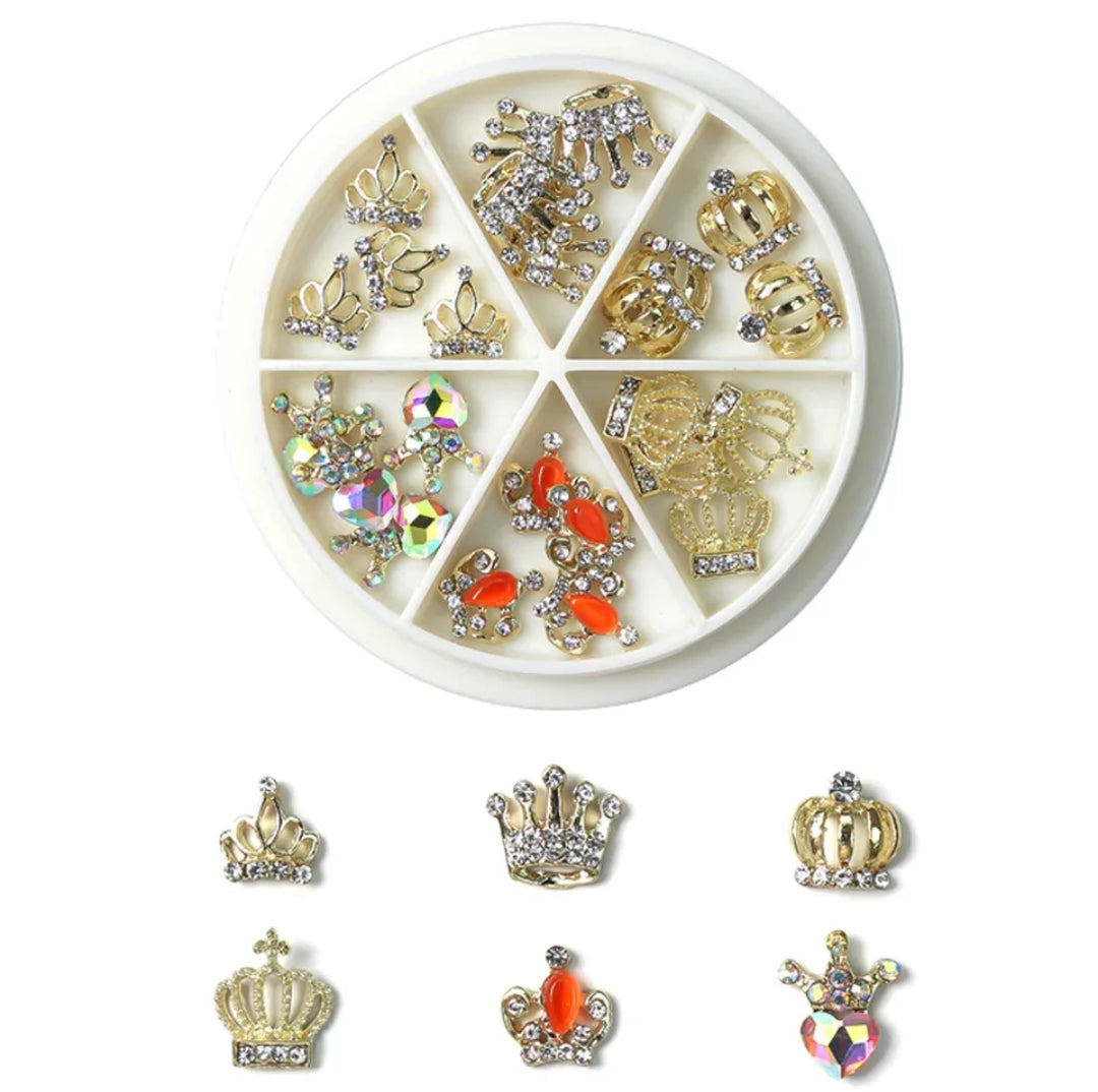 24pcs Crowns Hearts Bows Dollar Sign Alloy Nail Charms 3D Nail Art Rhinestone Crystal 6 Grid Wheel