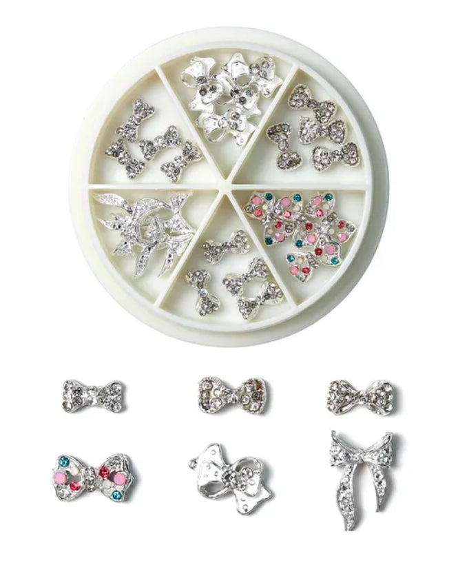 24pcs Crowns Hearts Bows Dollar Sign Alloy Nail Charms 3D Nail Art Rhinestone Crystal 6 Grid Wheel