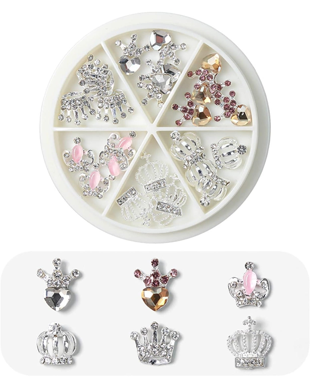 24pcs Crowns Hearts Bows Dollar Sign Alloy Nail Charms 3D Nail Art Rhinestone Crystal 6 Grid Wheel