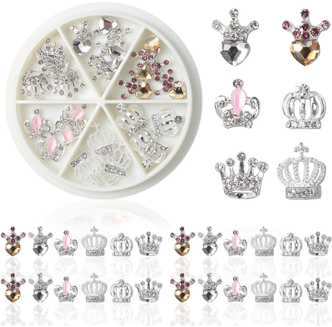 24pcs Crowns Hearts Bows Dollar Sign Alloy Nail Charms 3D Nail Art Rhinestone Crystal 6 Grid Wheel