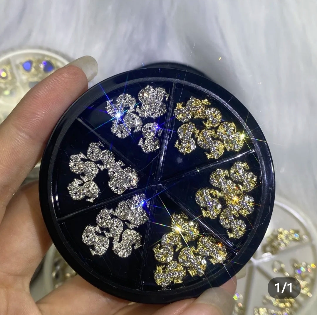 24pcs Crowns Hearts Bows Dollar Sign Alloy Nail Charms 3D Nail Art Rhinestone Crystal 6 Grid Wheel