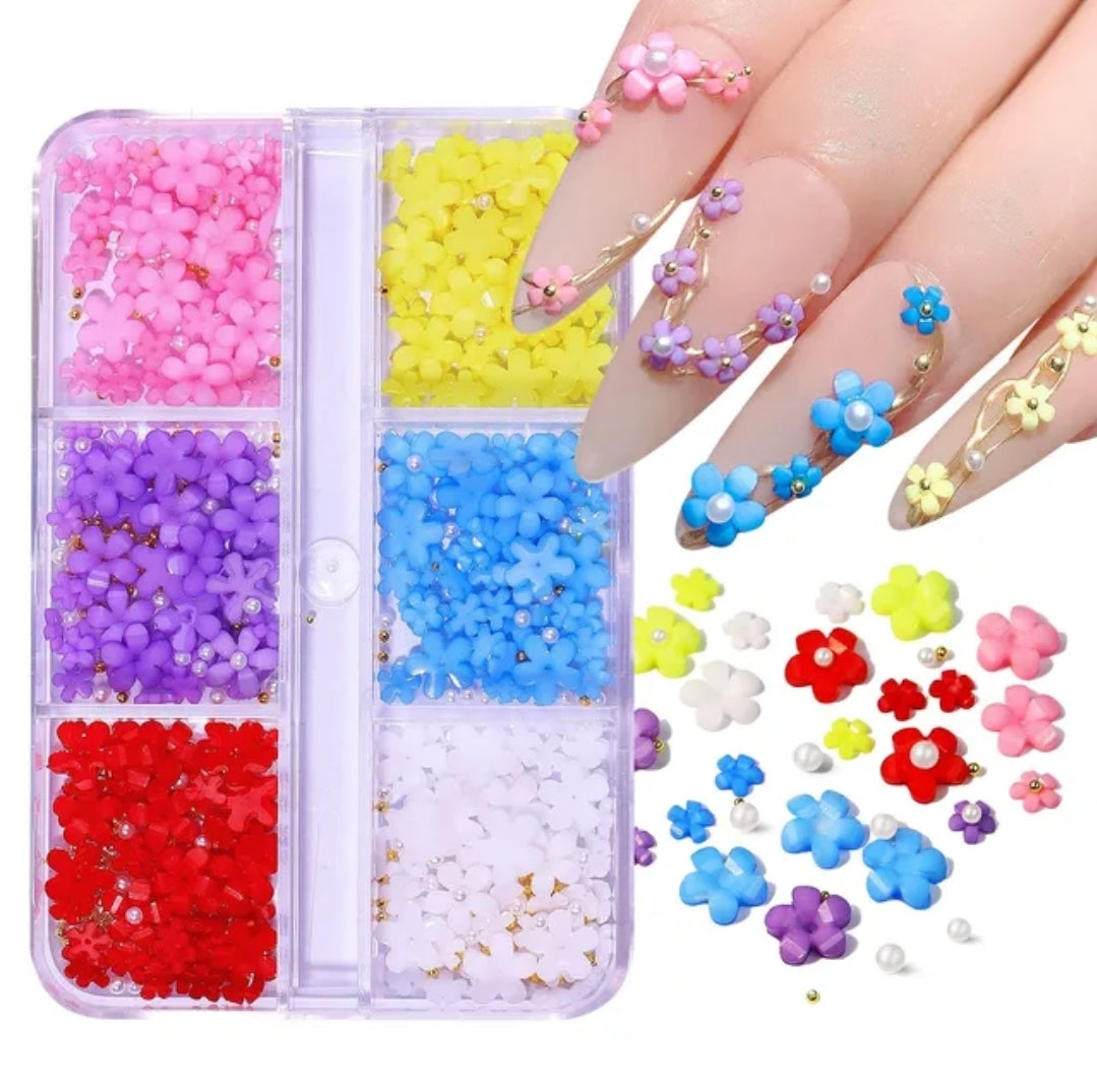 3D Acrylic Resin Flower 5 Petals 6 or 12 Grid Box Colorful Flowers Nail Art Decoration