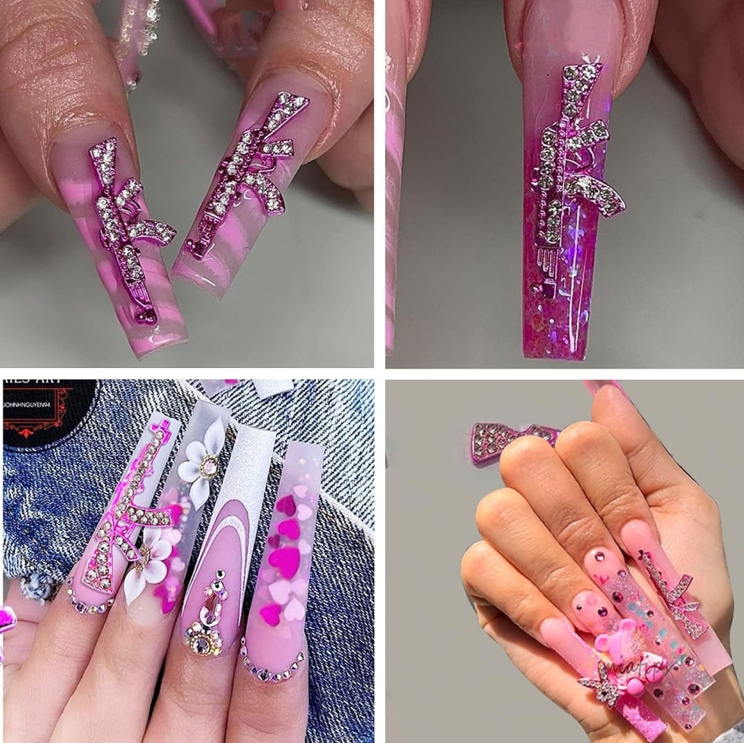 5pcs Pink and Silver Gun Nail Charms with Rhinestone