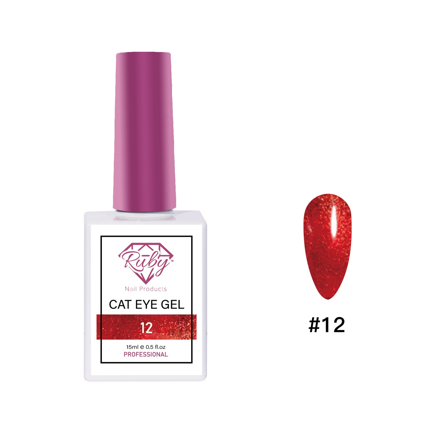 Ruby Cat Eye Gel bottle with a red glittery sample on a white background