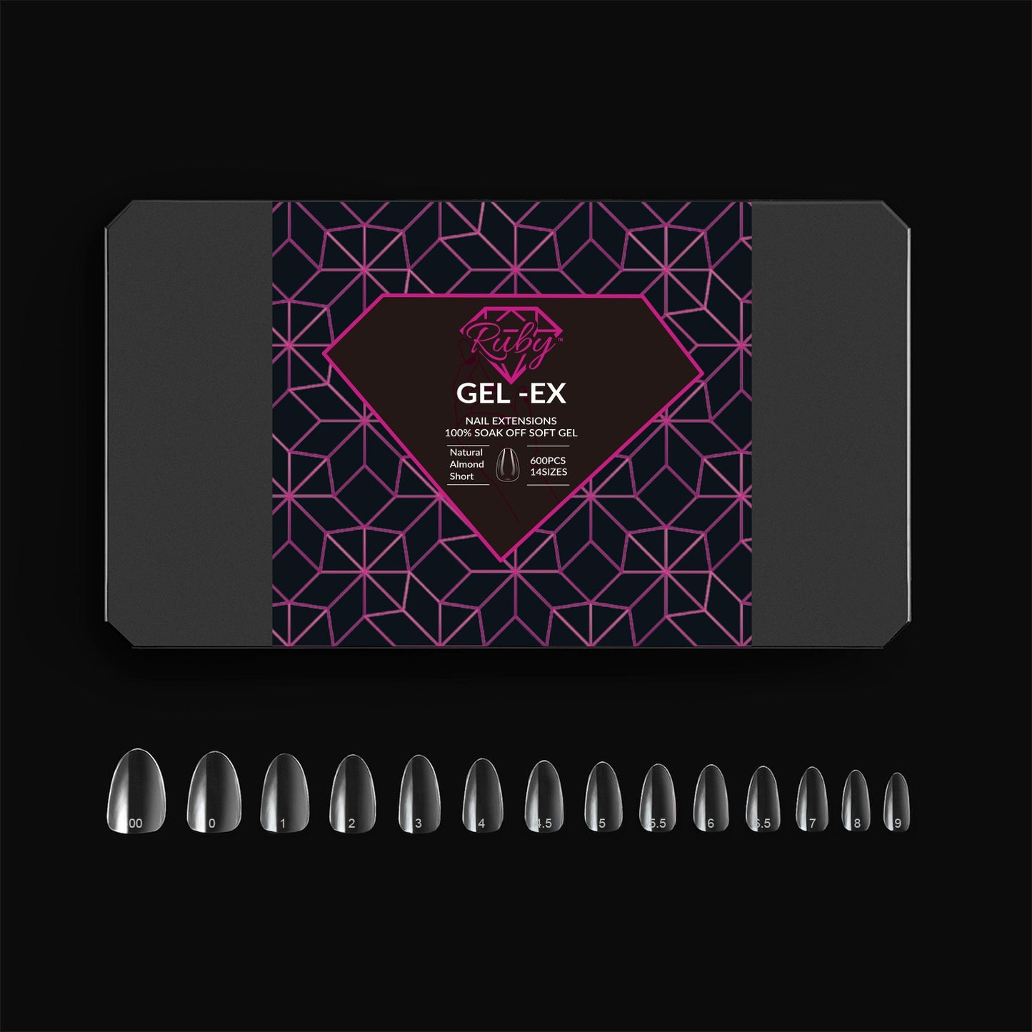 Ruby Gel-Ex Full Cover Clear Soft Gel Tip Box | 600pc Nail Tips, 14 Sizes 00-9, Premium Quality