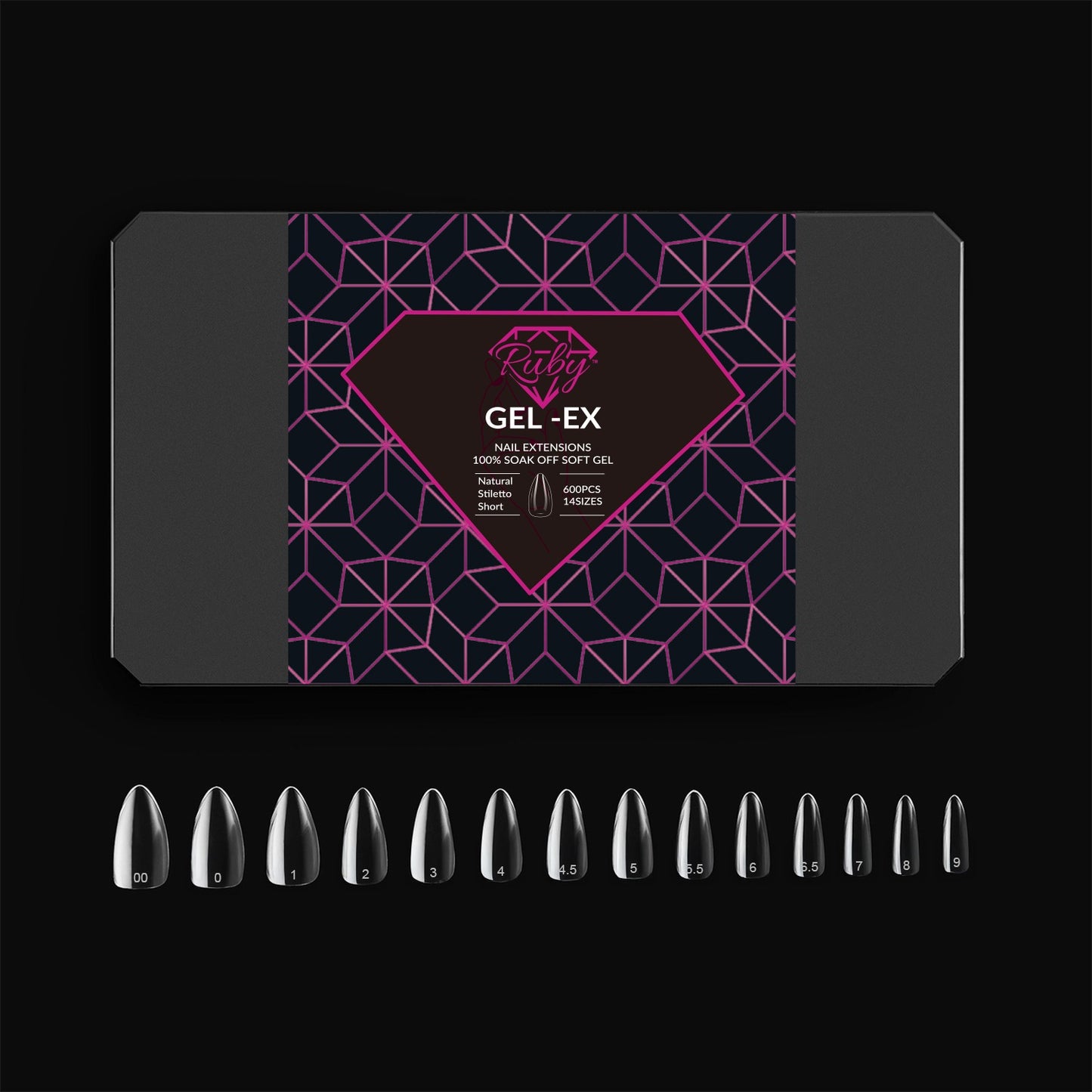 Ruby Gel-Ex Full Cover Clear Soft Gel Tip Box | 600pc Nail Tips, 14 Sizes 00-9, Premium Quality