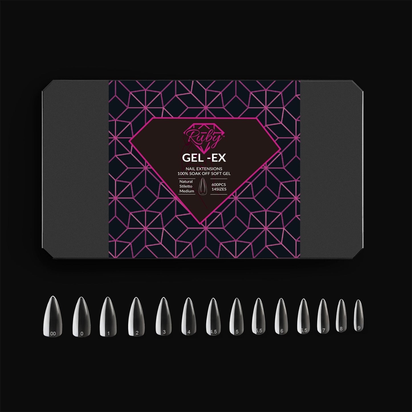 Ruby Gel-Ex Full Cover Clear Soft Gel Tip Box | 600pc Nail Tips, 14 Sizes 00-9, Premium Quality