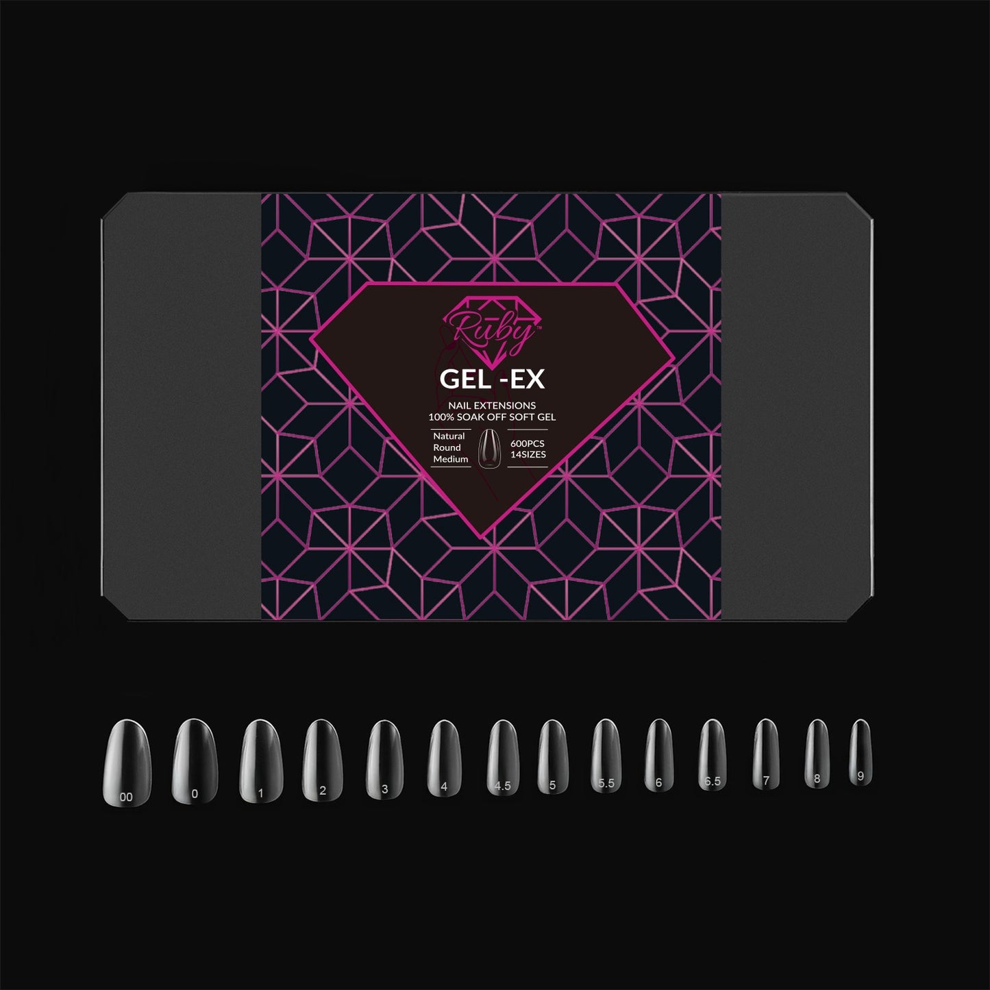 Ruby Gel-Ex Full Cover Clear Soft Gel Tip Box | 600pc Nail Tips, 14 Sizes 00-9, Premium Quality