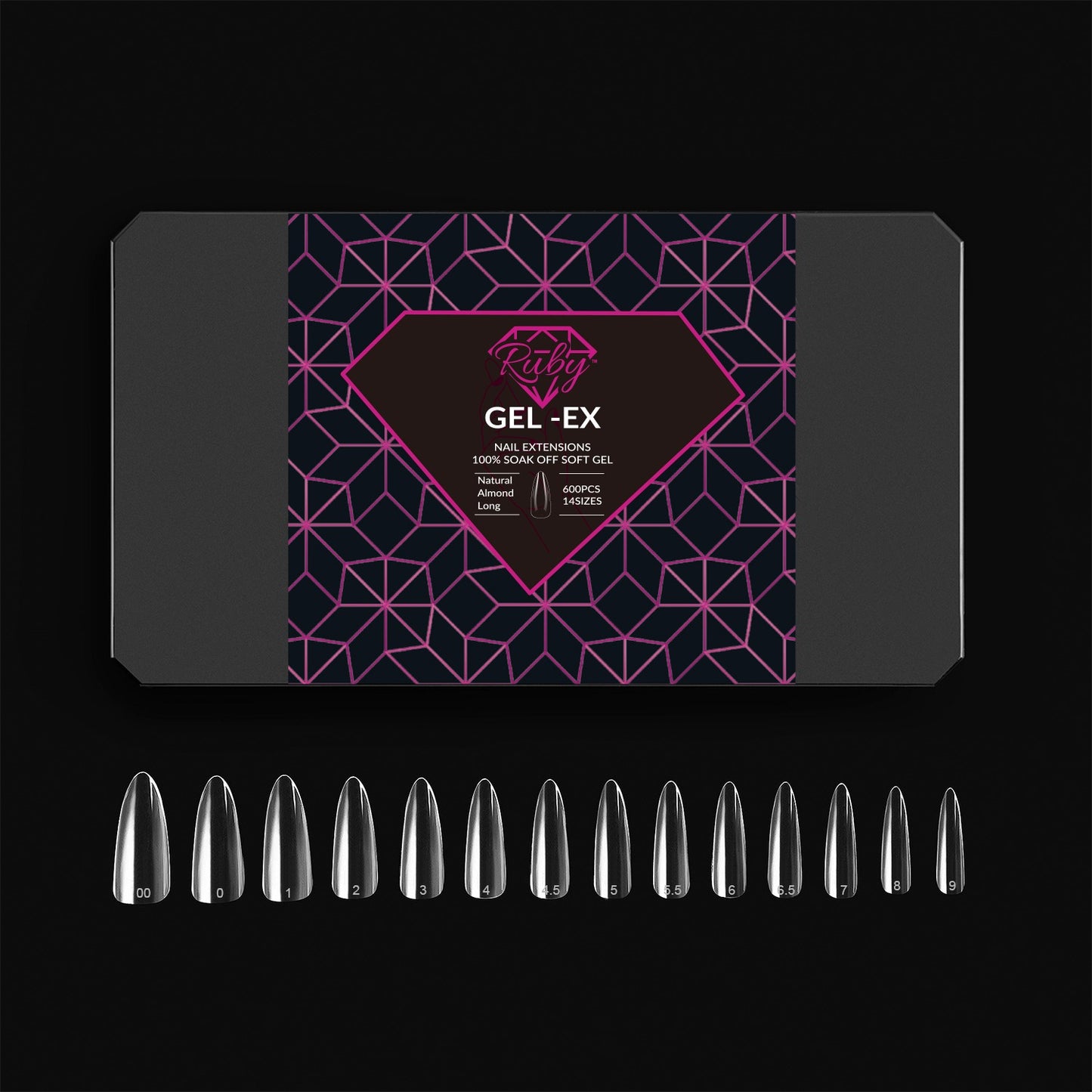 Ruby Gel-Ex Full Cover Clear Soft Gel Tip Box | 600pc Nail Tips, 14 Sizes 00-9, Premium Quality