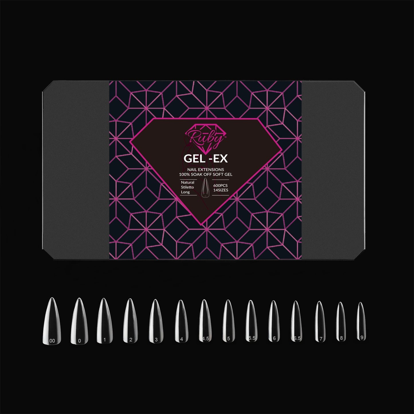Ruby Gel-Ex Full Cover Clear Soft Gel Tip Box | 600pc Nail Tips, 14 Sizes 00-9, Premium Quality