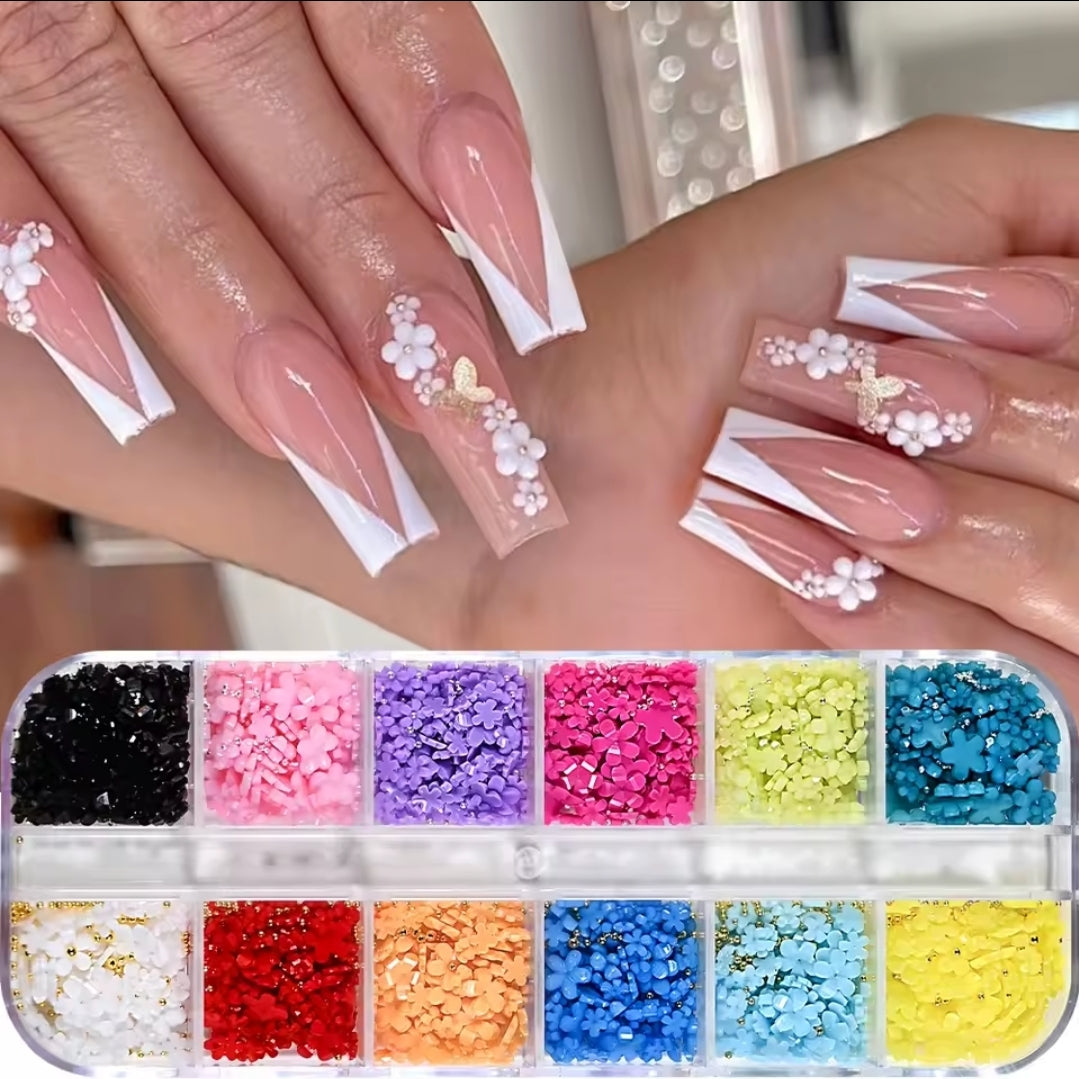 3D Acrylic Resin Flower 5 Petals 6 or 12 Grid Box Colorful Flowers Nail Art Decoration