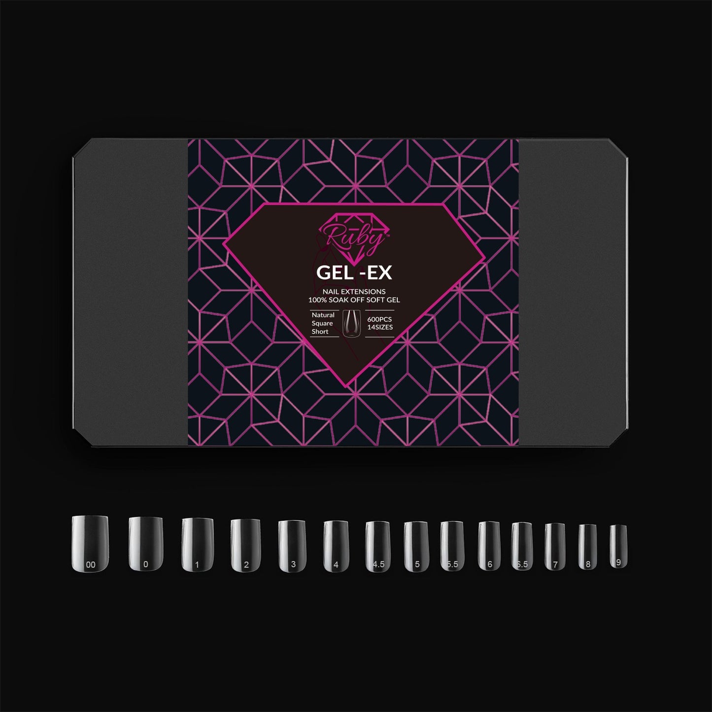 Ruby Gel-Ex Full Cover Clear Soft Gel Tip Box | 600pc Nail Tips, 14 Sizes 00-9, Premium Quality
