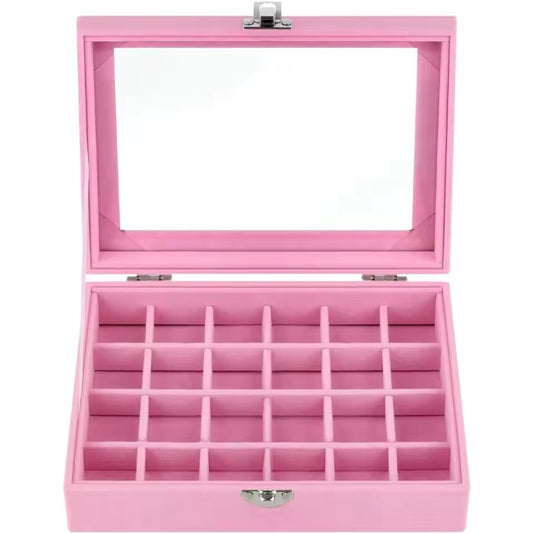 Empty Pink Velvet Box 24 Grid Jewelry Ring Nail Charms Display Organizer Box Tray Storage