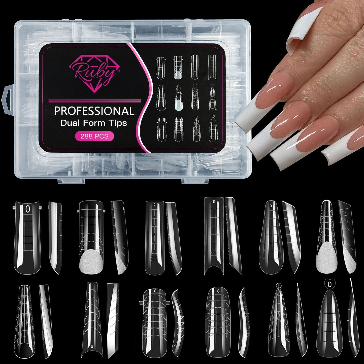 Ruby Nail Tip Boxes Pink, Clear, C Curve, No C, Square Coffin Stiletto Almond