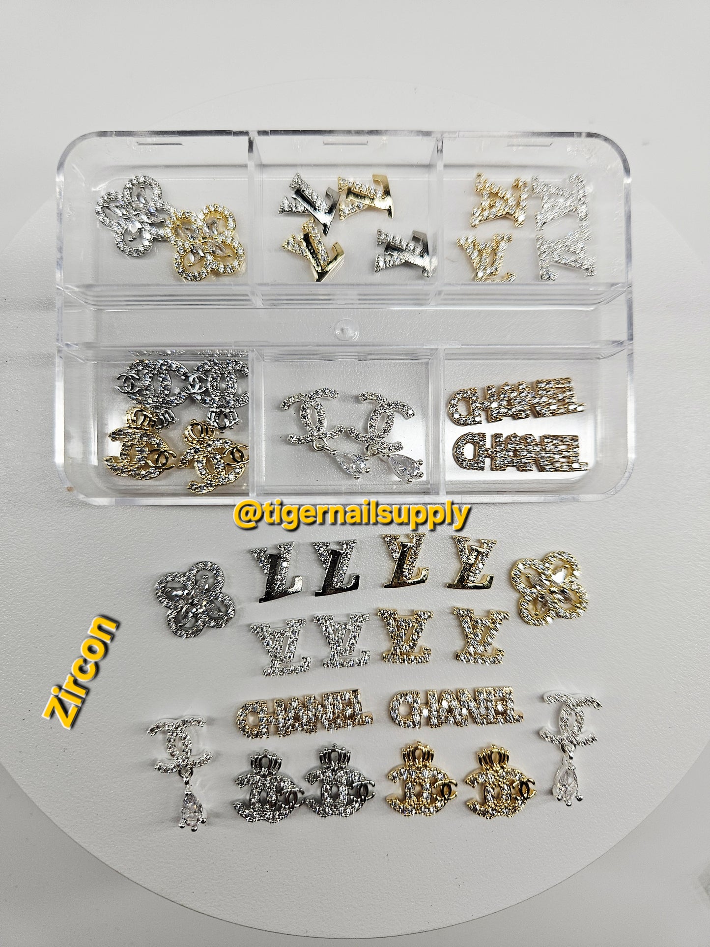 Luxury Logo (C.c) Nail Charms Alloy and Zircon High Quality