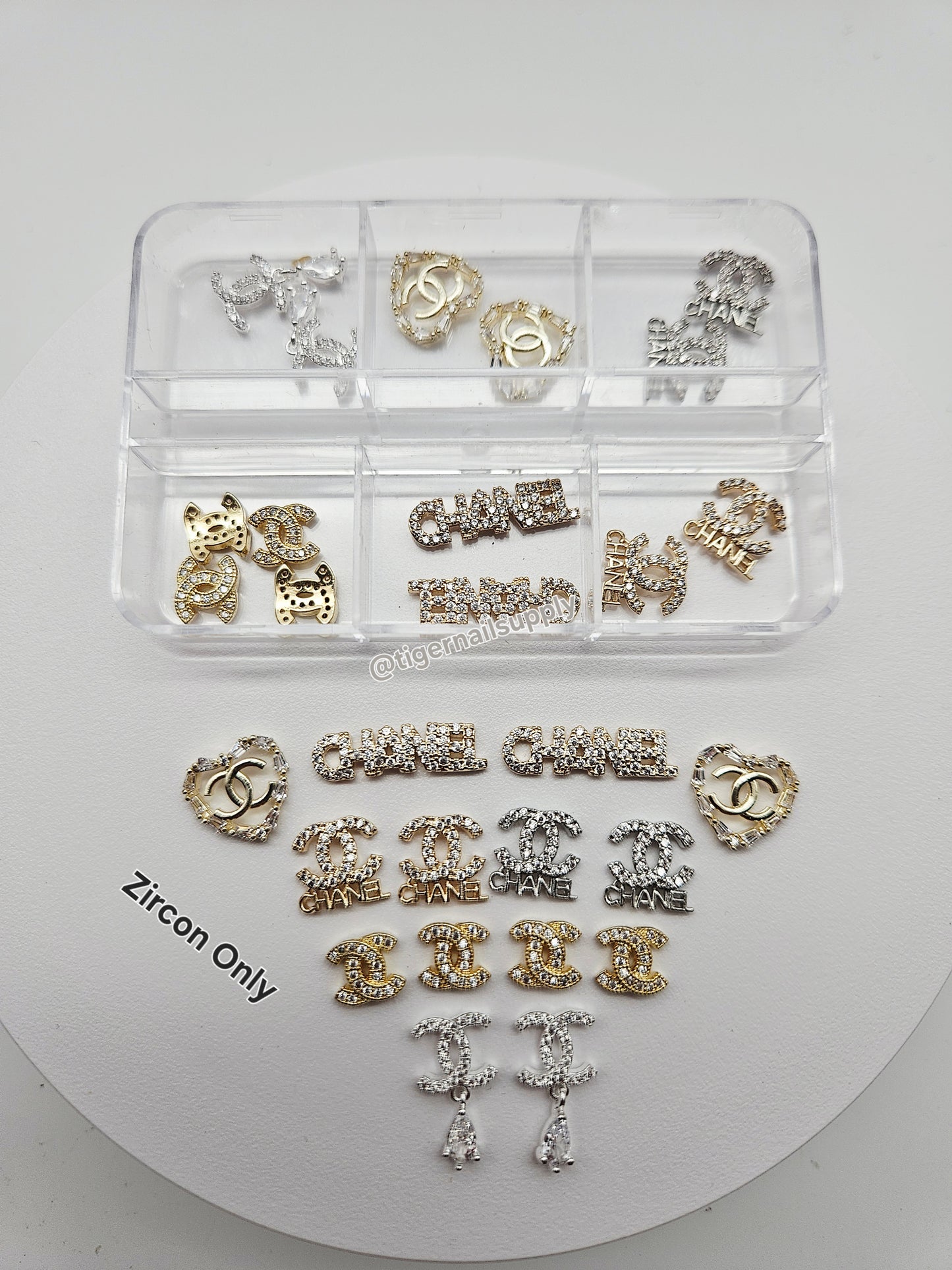 Luxury Logo (C.c) Nail Charms Alloy and Zircon High Quality