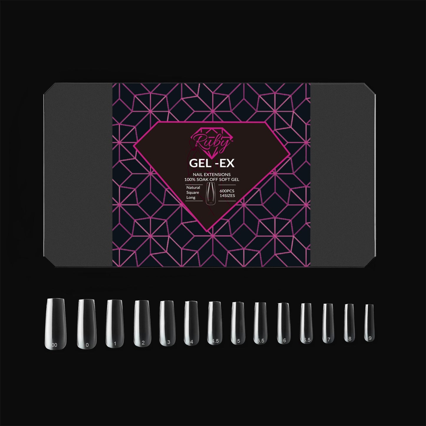 Ruby Gel-Ex Full Cover Clear Soft Gel Tip Box | 600pc Nail Tips, 14 Sizes 00-9, Premium Quality
