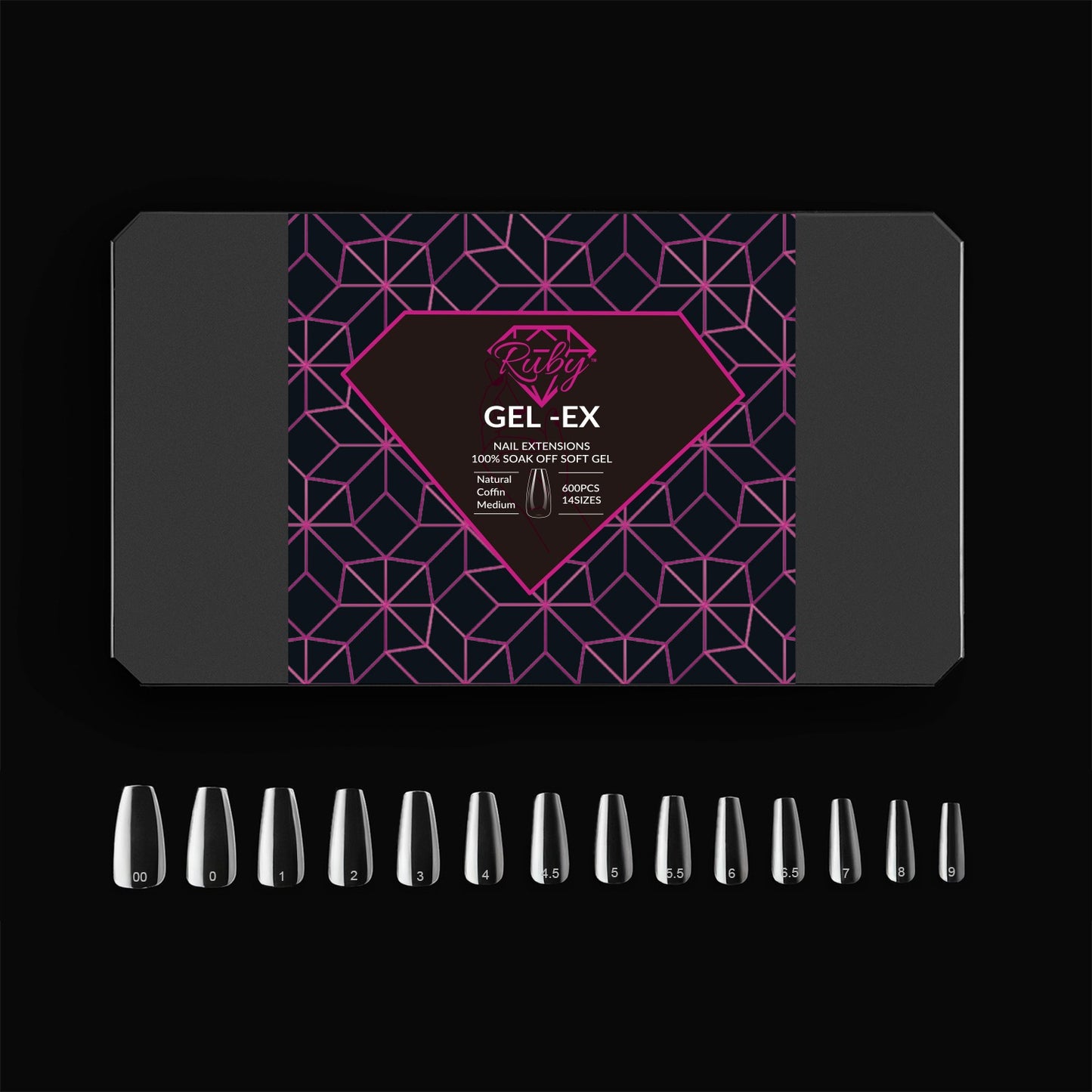 Ruby Gel-Ex Full Cover Clear Soft Gel Tip Box | 600pc Nail Tips, 14 Sizes 00-9, Premium Quality