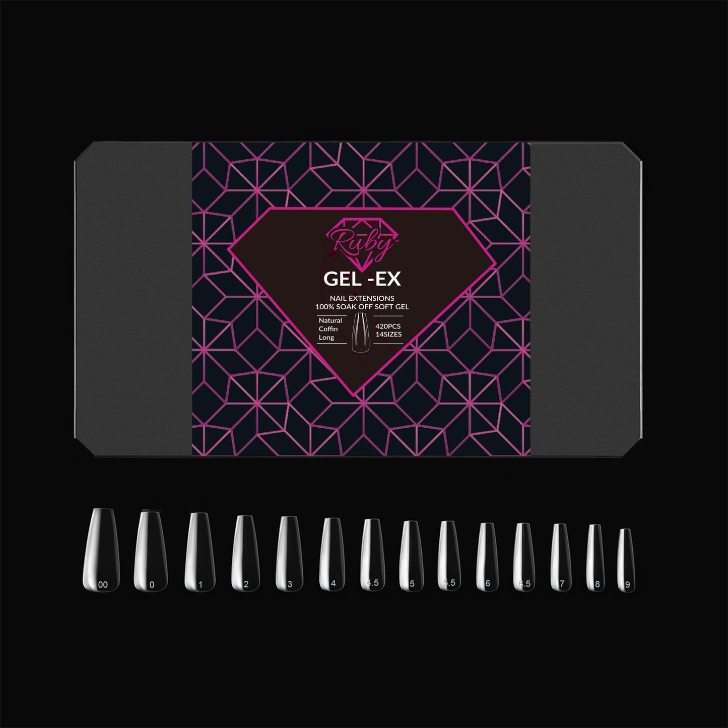 Ruby Gel-Ex Full Cover Clear Soft Gel Tip Box | 600pc Nail Tips, 14 Sizes 00-9, Premium Quality