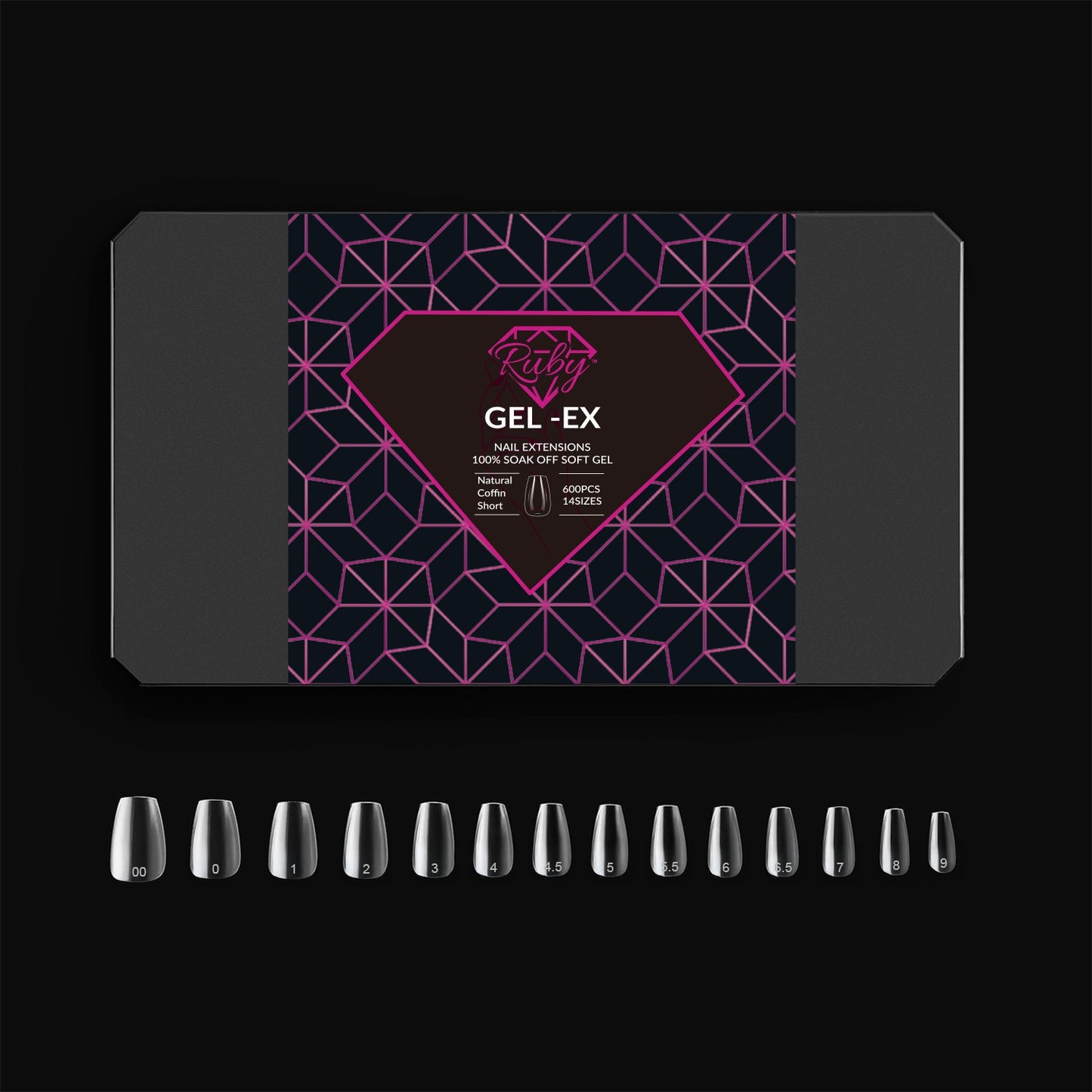 Ruby Gel-Ex Full Cover Clear Soft Gel Tip Box | 600pc Nail Tips, 14 Sizes 00-9, Premium Quality