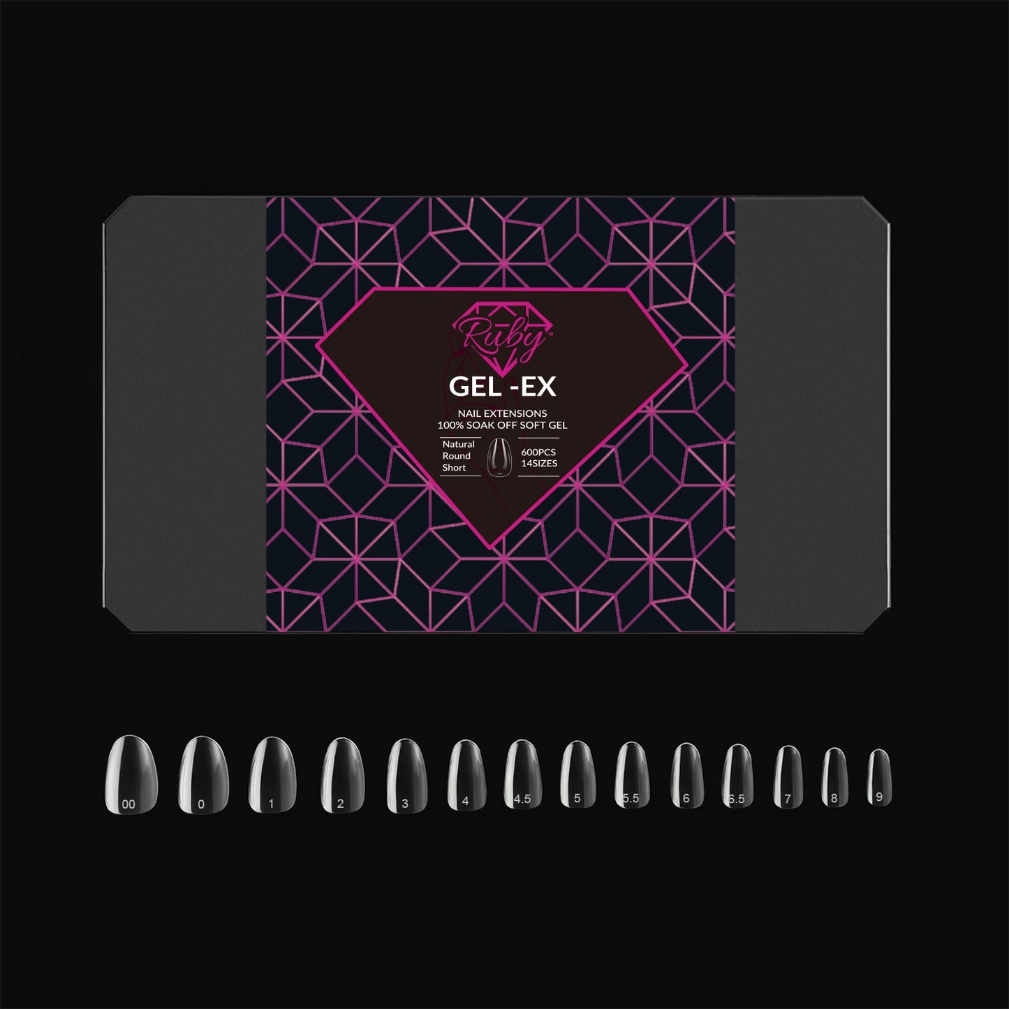 Ruby Gel-Ex Full Cover Clear Soft Gel Tip Box | 600pc Nail Tips, 14 Sizes 00-9, Premium Quality