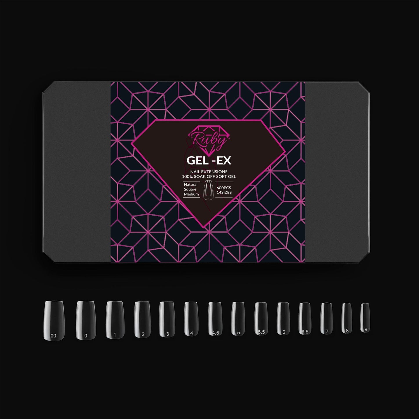Ruby Gel-Ex Full Cover Clear Soft Gel Tip Box | 600pc Nail Tips, 14 Sizes 00-9, Premium Quality