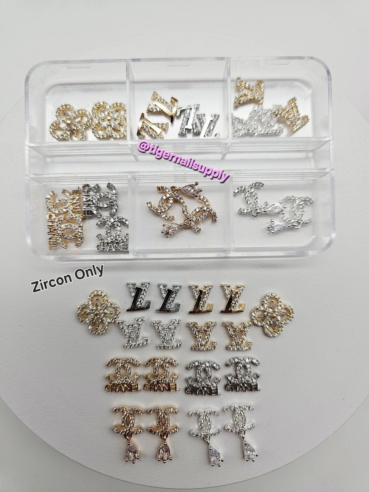 Luxury Logo (C.c) Nail Charms Alloy and Zircon High Quality