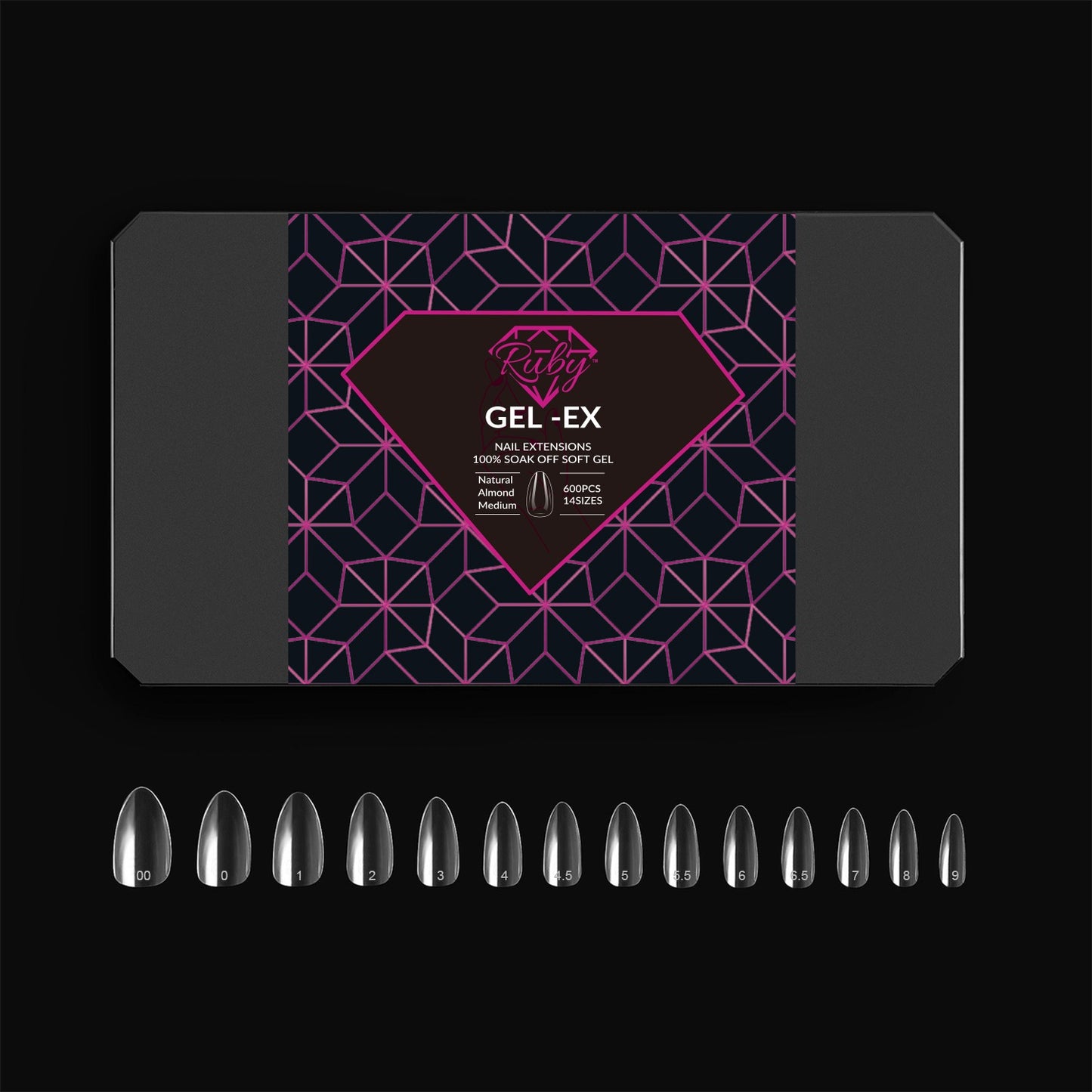 Ruby Gel-Ex Full Cover Clear Soft Gel Tip Box | 600pc Nail Tips, 14 Sizes 00-9, Premium Quality