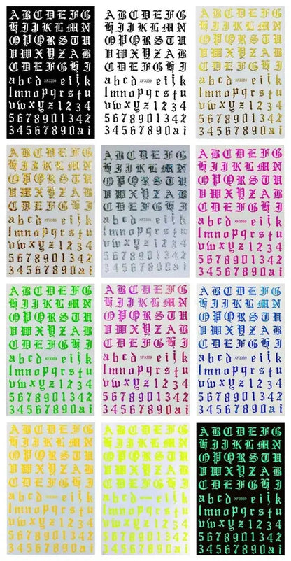 Old English Letters and Numbers Nail Stickers