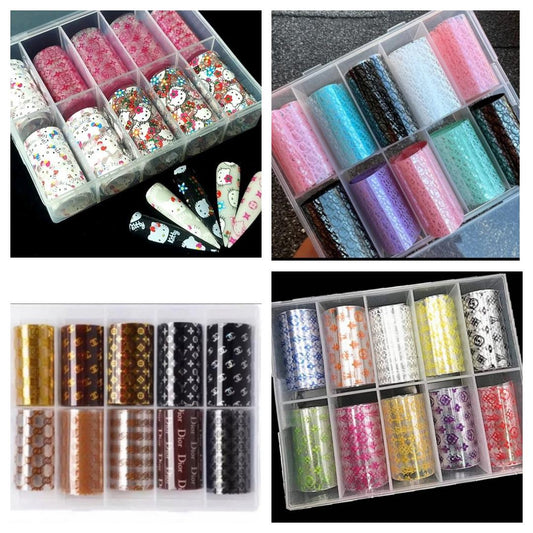 Hello Kitty and Designer Nail Foils Mix 10 Sheets In Box Packaging