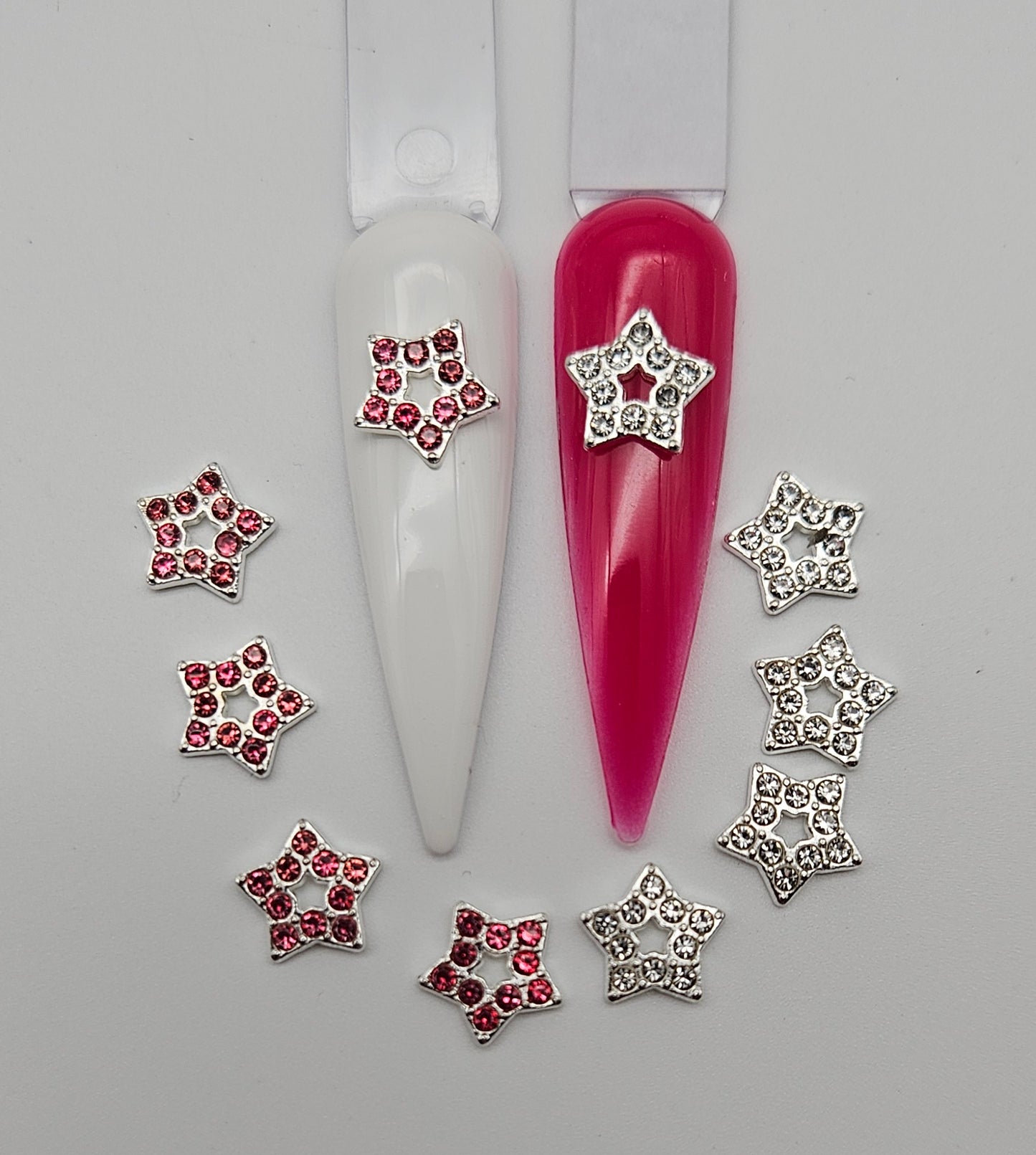 5pcs Stars with Rhinestones Nail Charm Pink and Silver