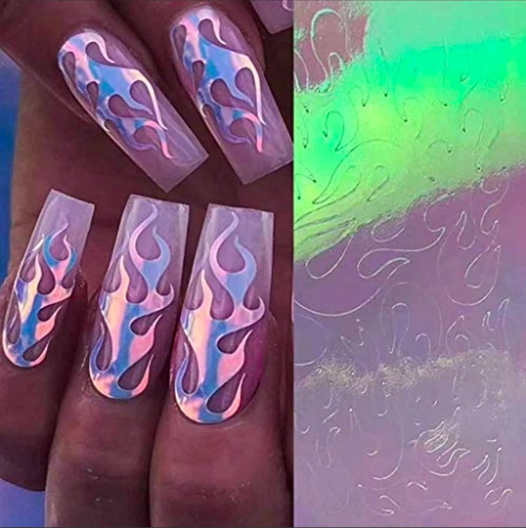16pcs Set Holographic Laser Foil Flame Fire Design Nail Art Sticker Decal