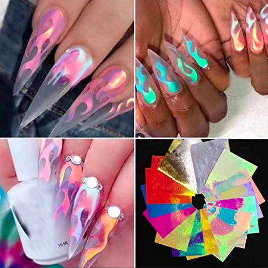 16pcs Set Holographic Laser Foil Flame Fire Design Nail Art Sticker Decal