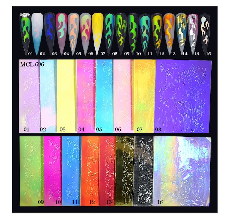 16pcs Set Holographic Laser Foil Flame Fire Design Nail Art Sticker Decal
