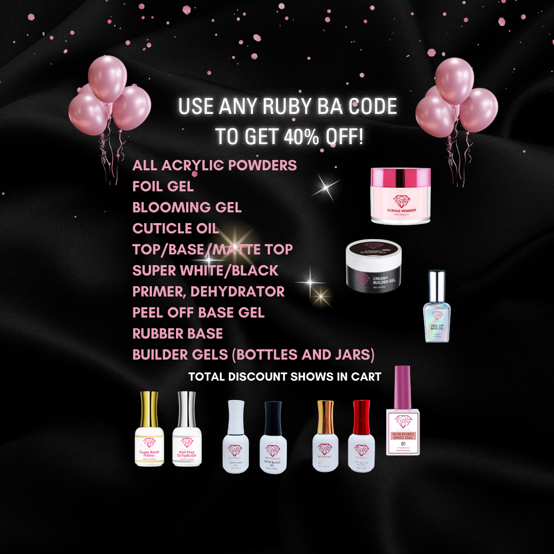 Promotional graphic for Ruby nail products with discounts and product listings on a dark background.