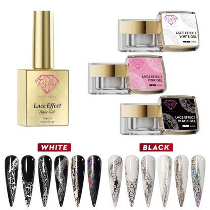 Nail art gel set with 'Ruby' brand products and nail samples showing lace effect, abstract gel