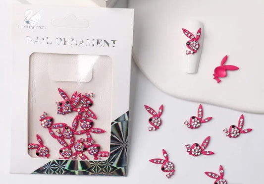 10pcs Hot Pink Bunny Rabbit Rhinestone Luxury Alloy Nail Charms 3D
