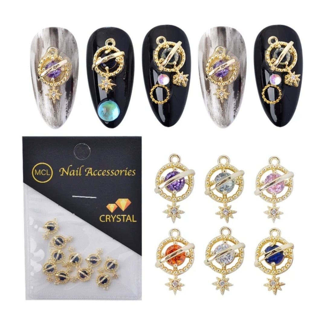 10pcs Luxury Planet Nail Charms Gold 3D Zircon