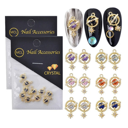 10pcs Luxury Planet Nail Charms Gold 3D Zircon