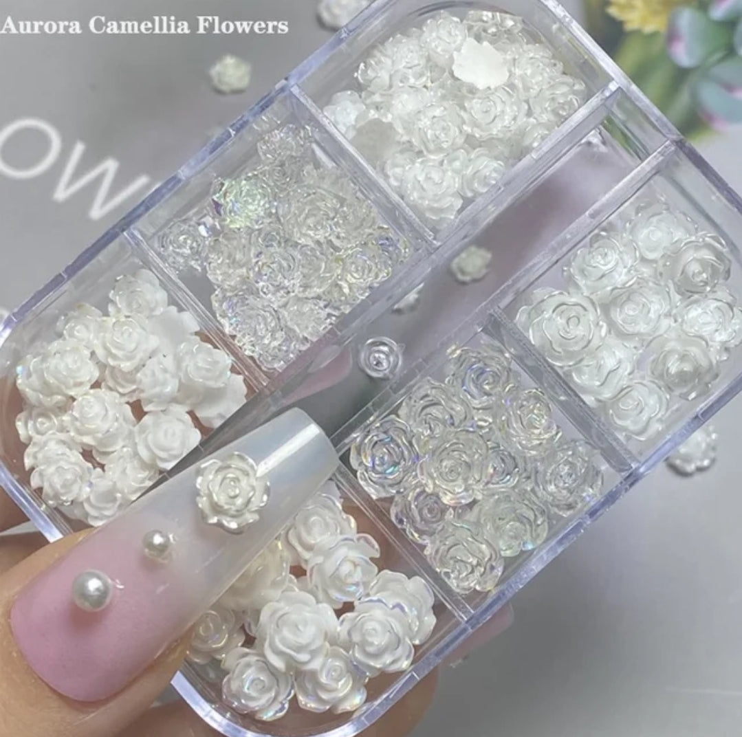 75 pcs 3D Rose Camelia Resin White Clear Flowers