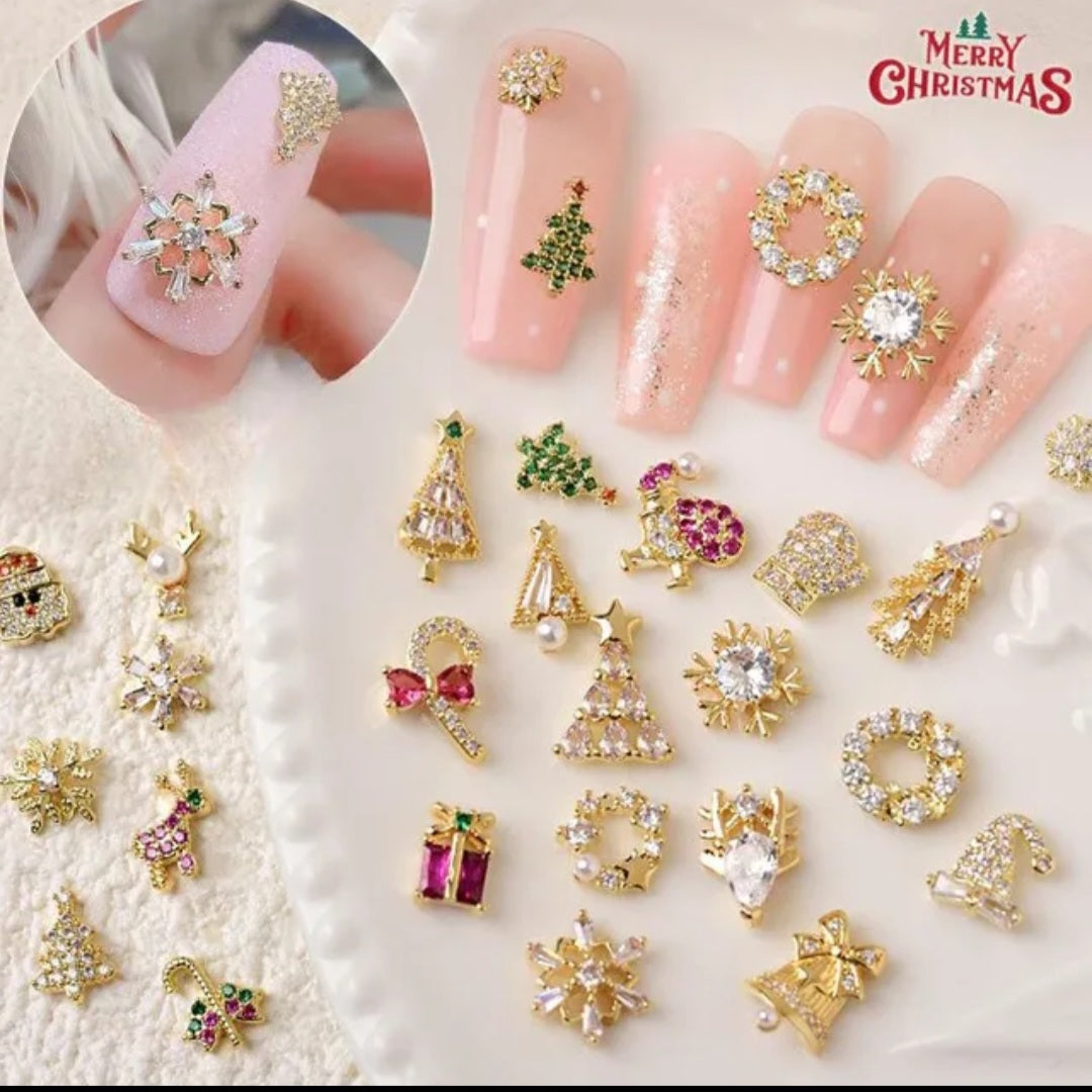 High Quality Zircon Christmas Nail Charms Snowflake Tree Heart 2pc/5pcs/Mix