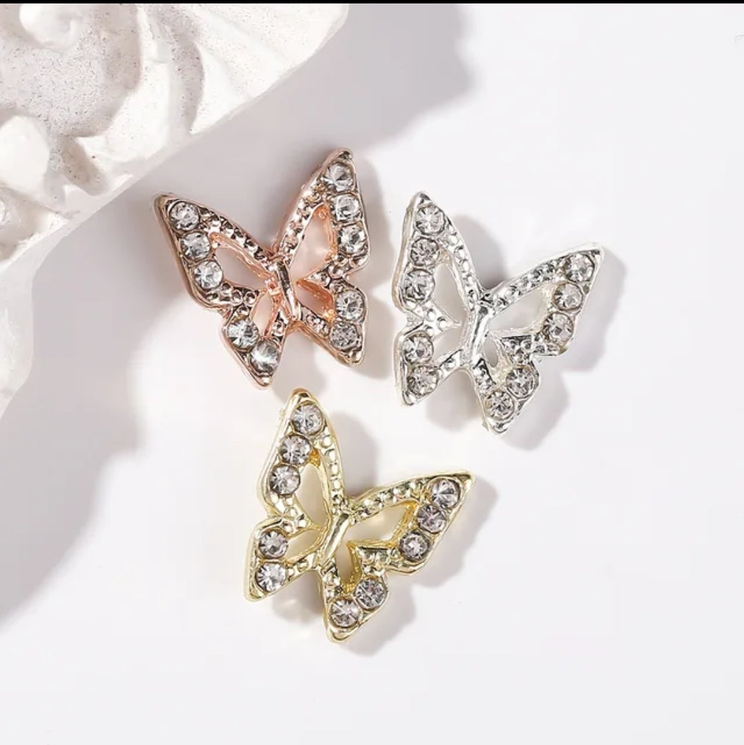 3D Hollow Butterfly with Rhinestones Metal Bling Nail Charms Silver Gold Rose Gold