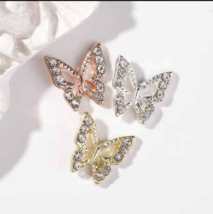 3D Hollow Butterfly with Rhinestones Metal Bling Nail Charms Silver Gold Rose Gold