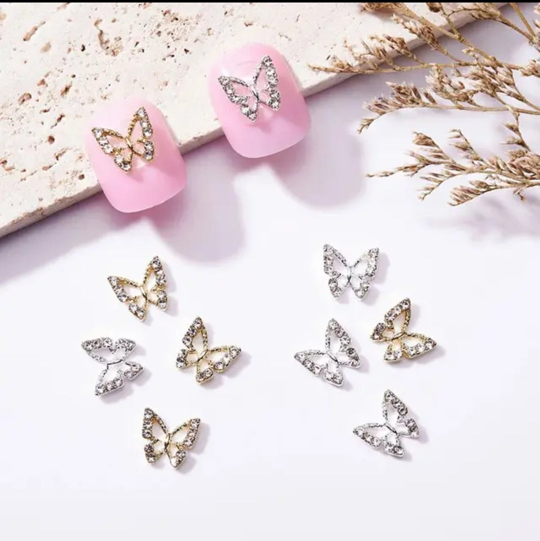 3D Hollow Butterfly with Rhinestones Metal Bling Nail Charms Silver Gold Rose Gold